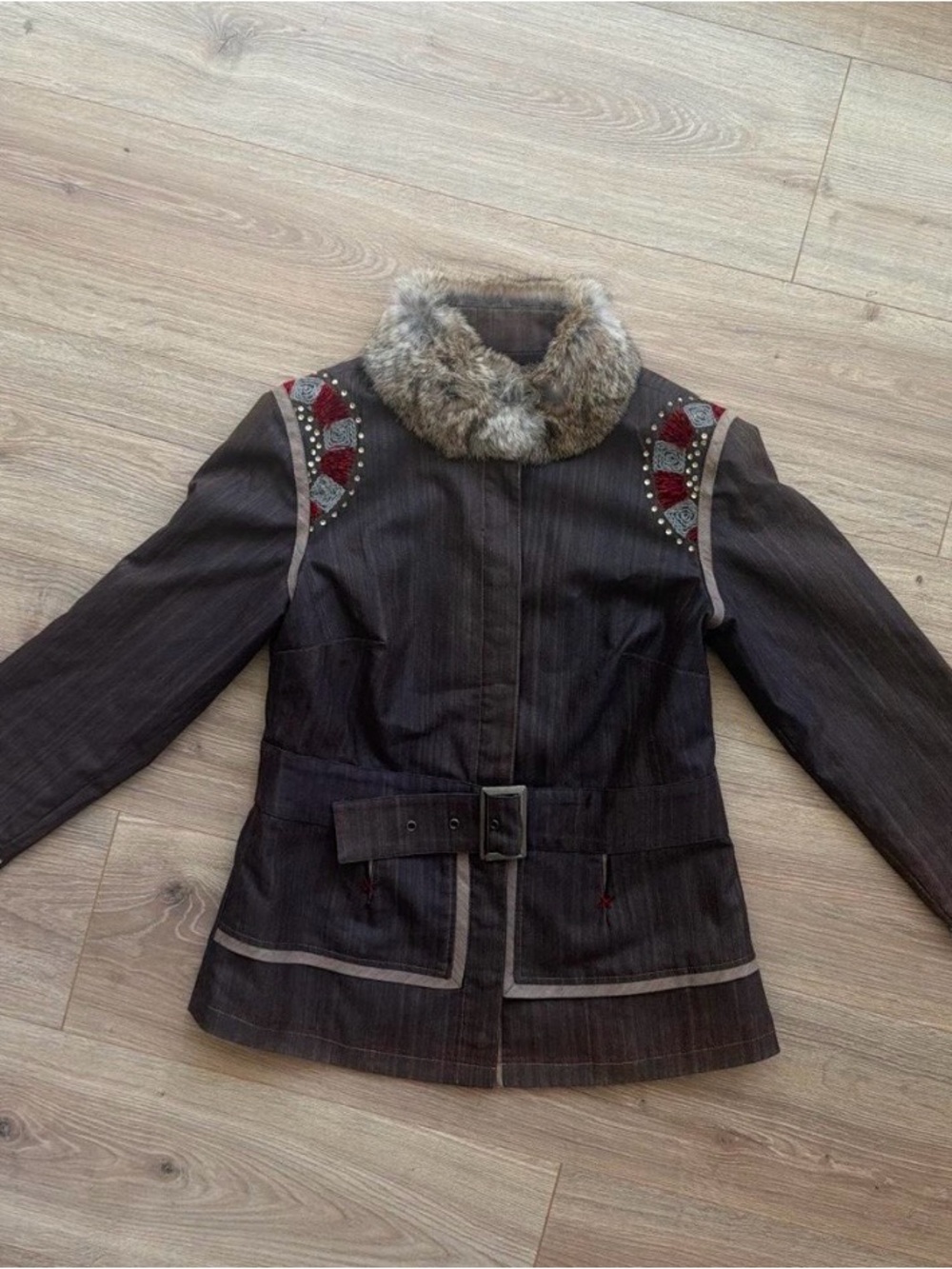 Evalinka Brown Belted Jacket with Faux Fur Collar